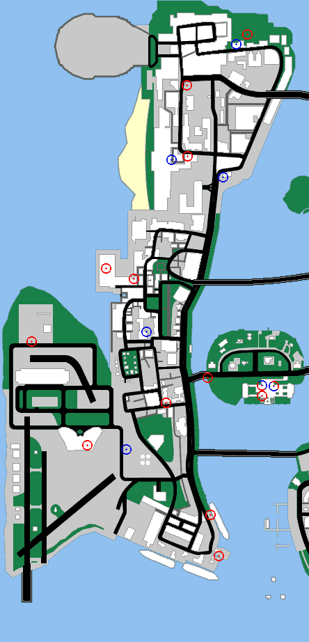 Map of Vice City: Location of Health and Armour