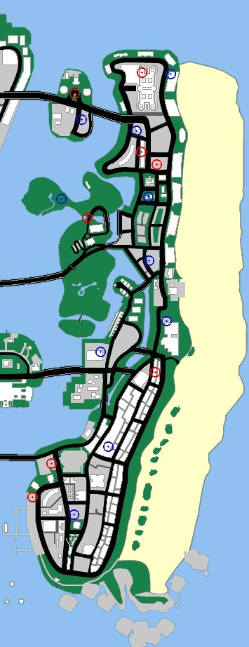 Map of Vice City: Location of Health and Armour